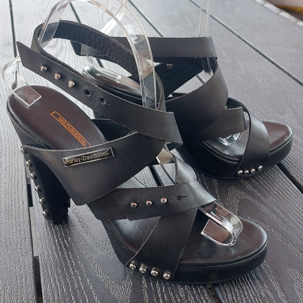Harley-Davidson Black Leather Studded Clog Style Heel Sandals Sz 7